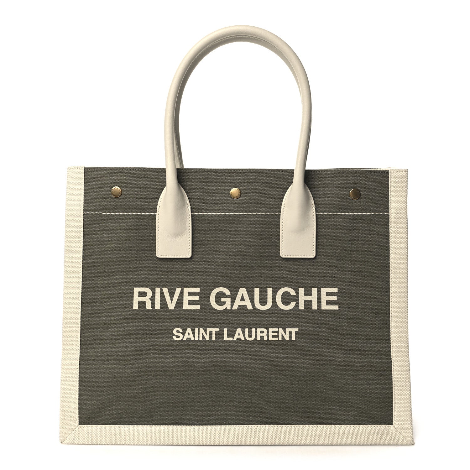 Saint Laurent Linen Calfskin Small Rive Gauche Tote Military Green Blanc Vintage 1 of 10