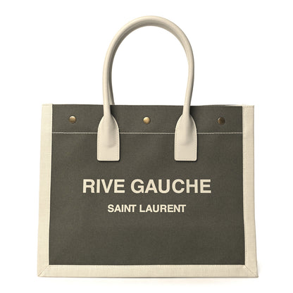 Saint Laurent Linen Calfskin Small Rive Gauche Tote Military Green Blanc Vintage 1 of 10