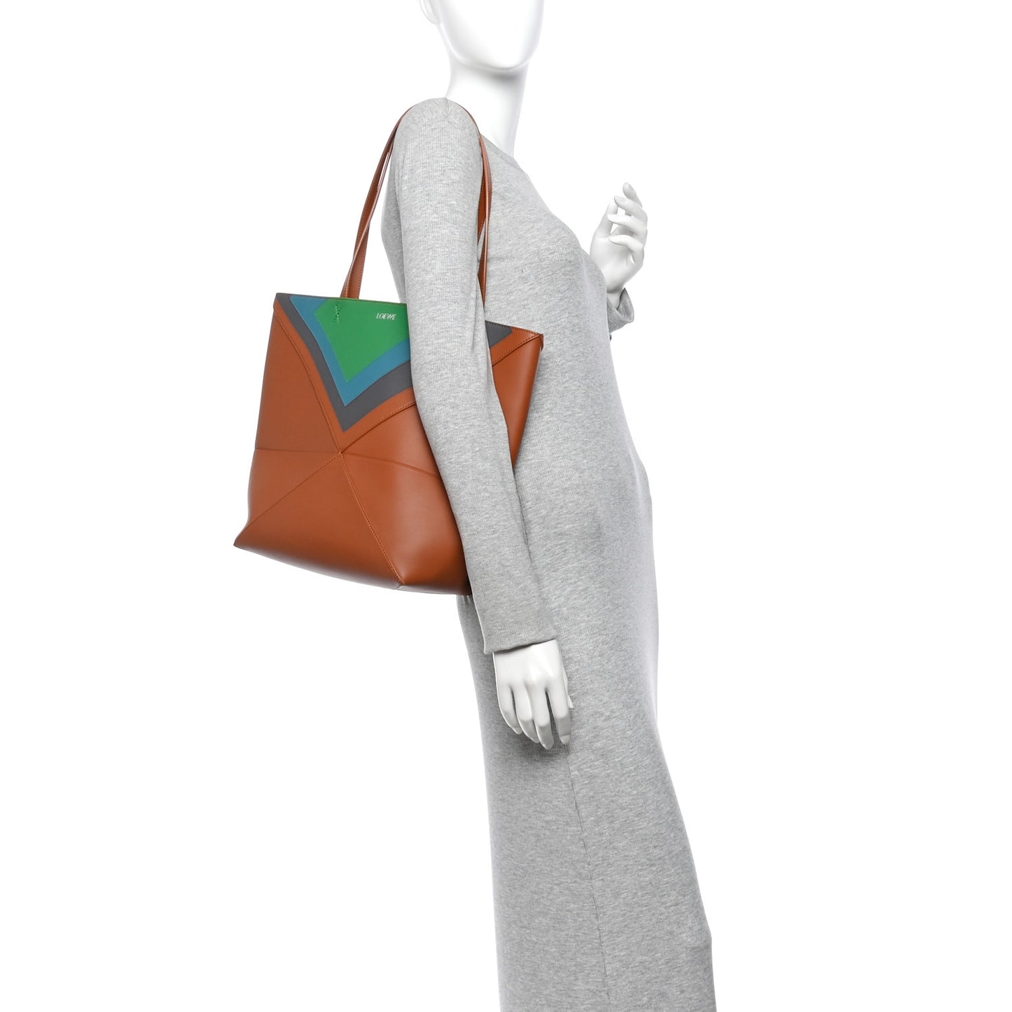 x Albers Calfskin Medium Puzzle Fold Tote Caramel Bright Green