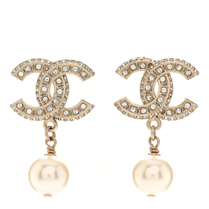 Chanel Crystal Timeless CC Pearl Drop Earrings Light Gold 1 of 5