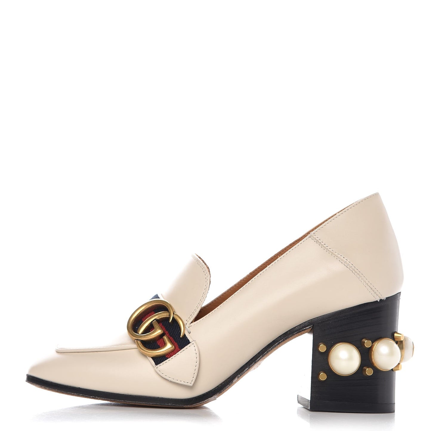 Betis Glamour Calfskin Web Pearl Embellished Peyton 75mm Loafer Pumps 36 Mystic White