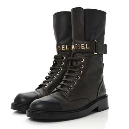 Chanel Shiny Calfskin Lace Up Combat Boots 39 Dark Brown Black 3 of 8