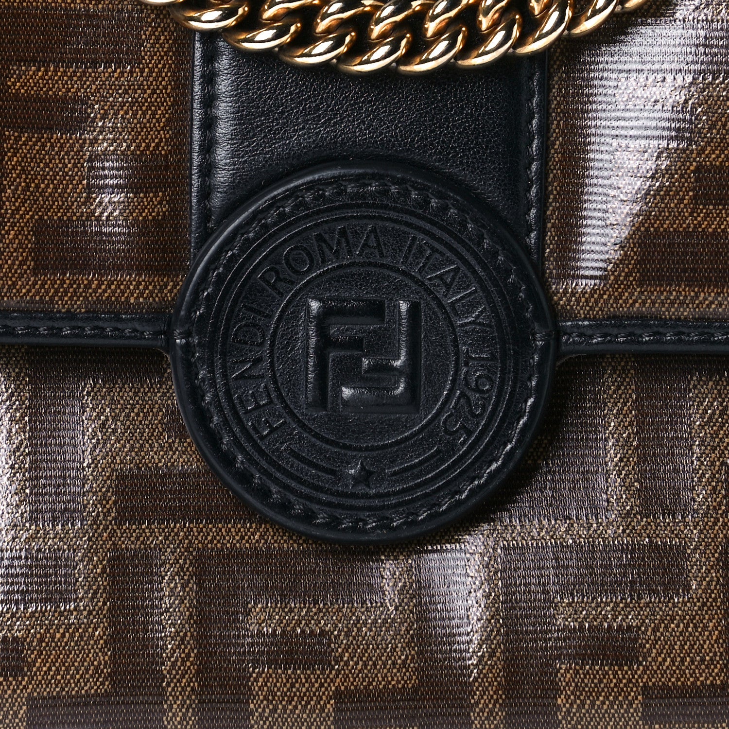 Fendi Vitello Grace Glazed Fabric FF 1974 Double F Shoulder Bag Black Mogano Panna 10 of 19