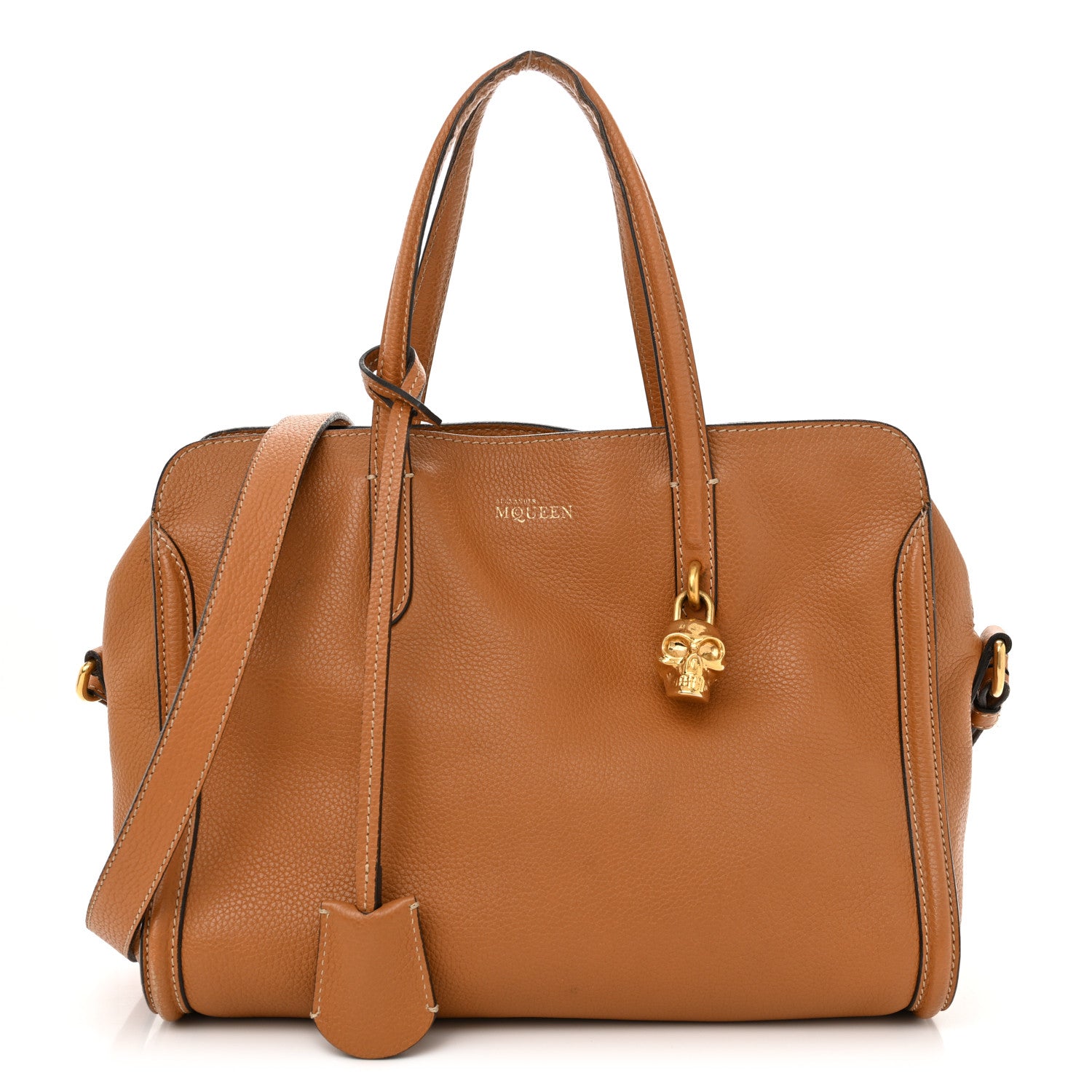 Alexander McQueen Pebbled Calfskin Small Skull Padlock Zip Around Tote Cognac 1 of 17