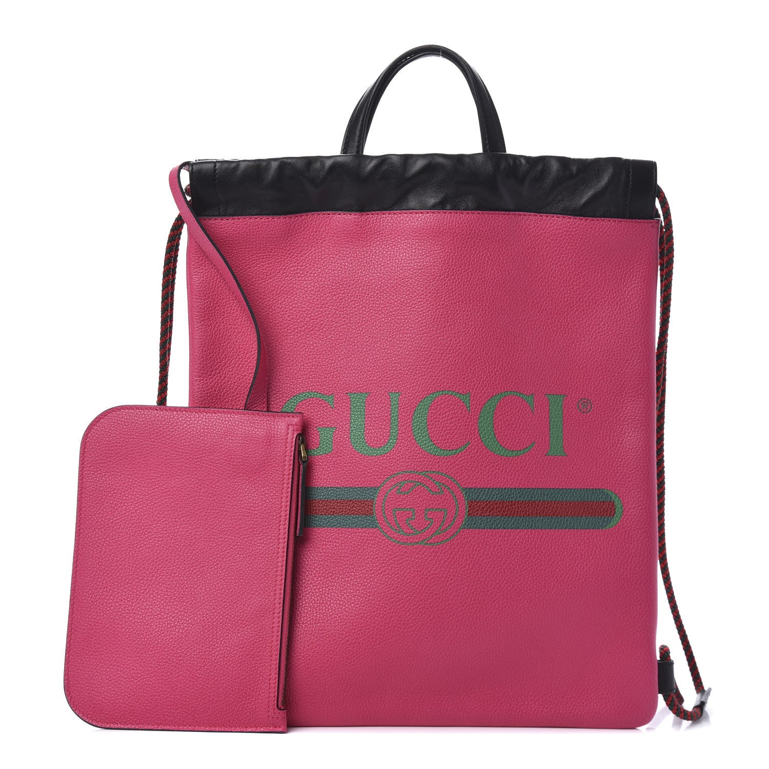 Gucci Grained Calfskin Logo Drawstring Backpack Box Pink Green Black 1 of 10