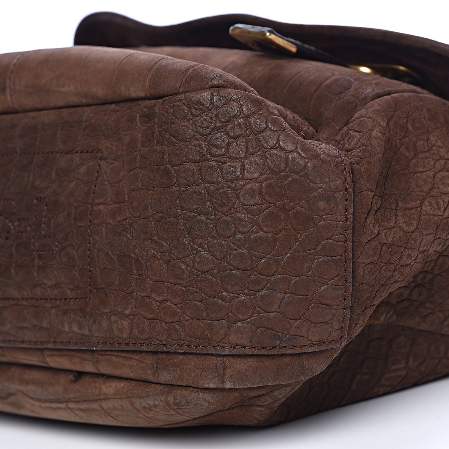 Crocodile Embossed Nubuck Besace Shoulder Bag Brown Sand
