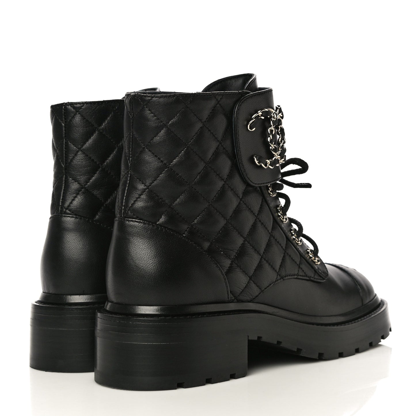 Shiny Lambskin Quilted Lace Up Combat Boots 36 Black