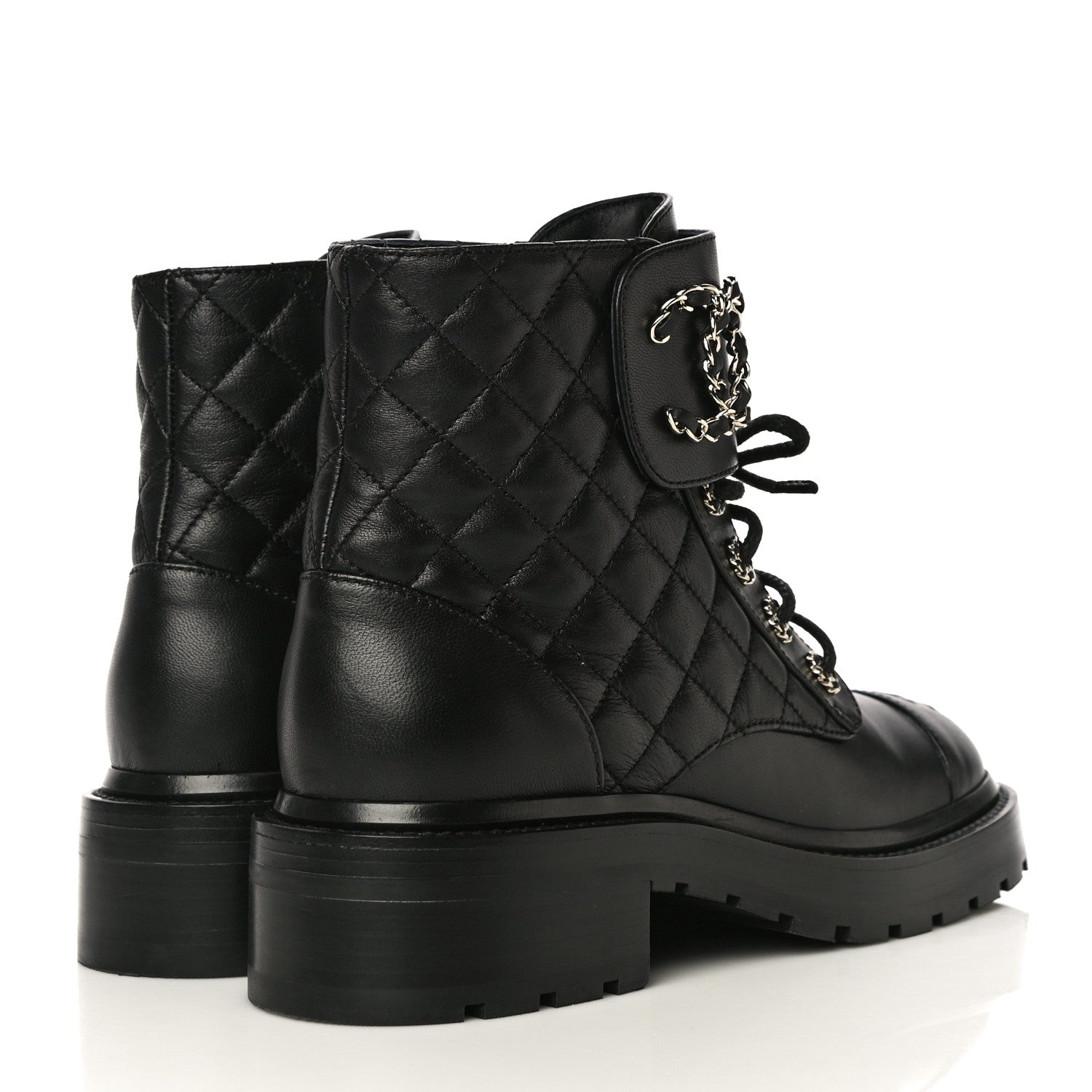 Chanel Shiny Lambskin Quilted Lace Up Combat Boots 36 Black 4 of 14