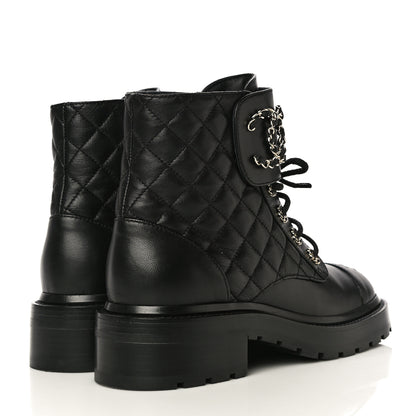Chanel Shiny Lambskin Quilted Lace Up Combat Boots 36 Black 4 of 14