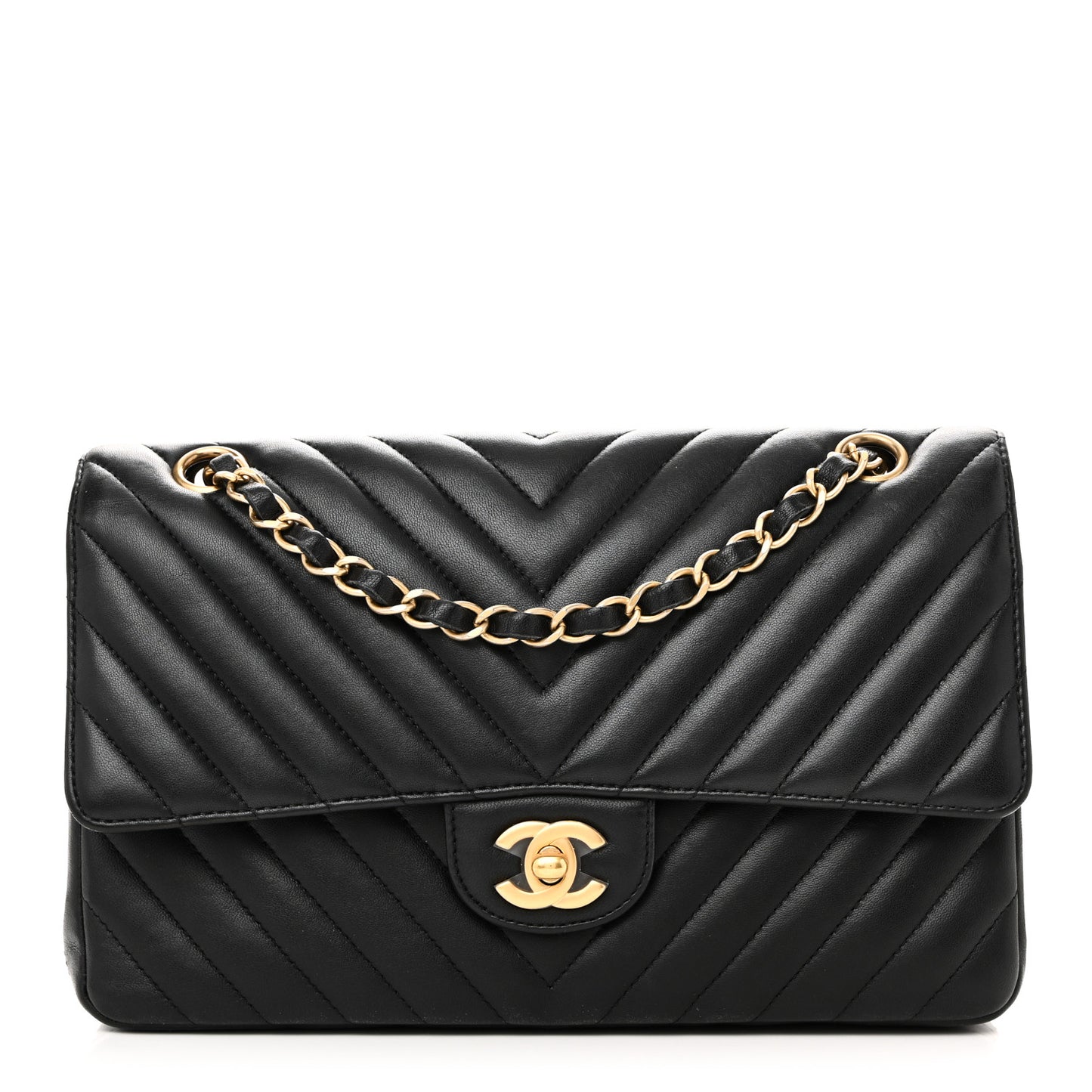 Lambskin Chevron Quilted Medium Double Flap Black