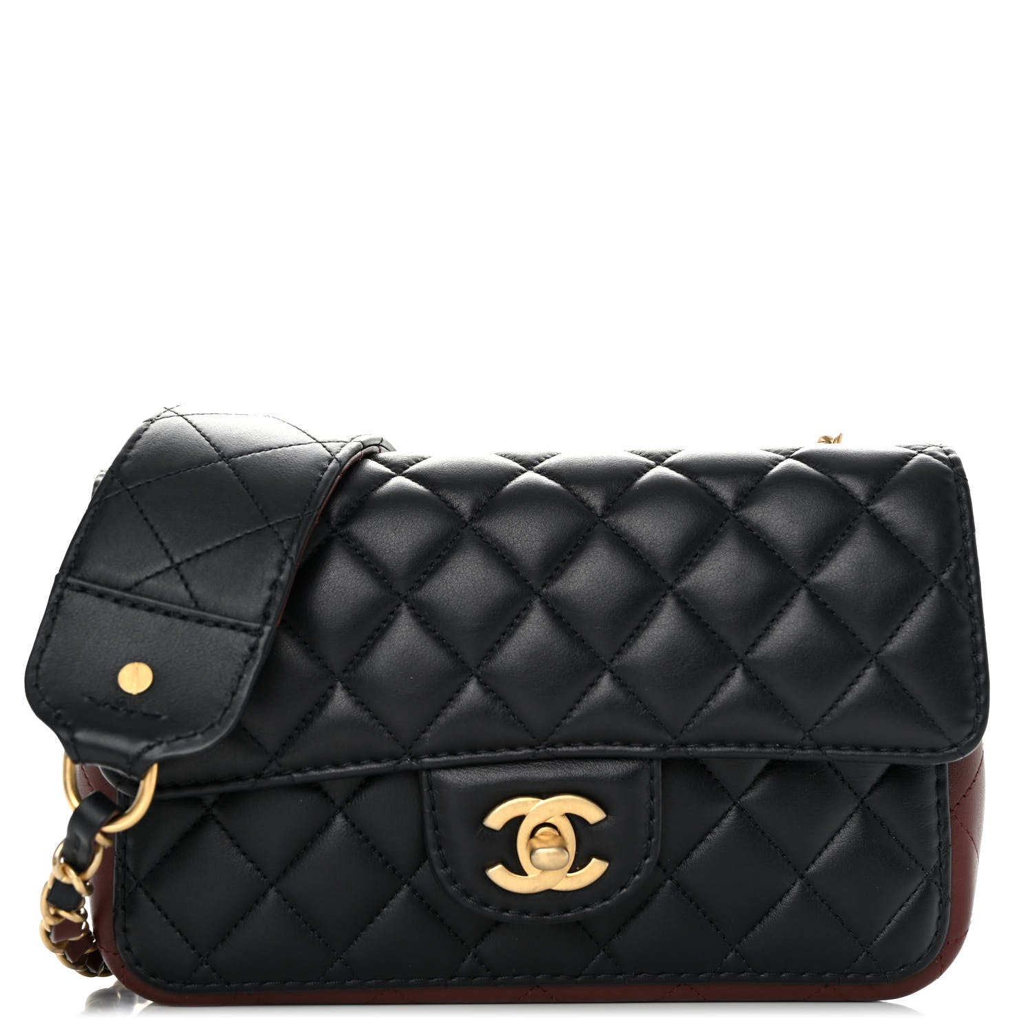 Chanel Calfskin Quilted Small Strap Into Flap Bag Black Burgundy 1 of 10
