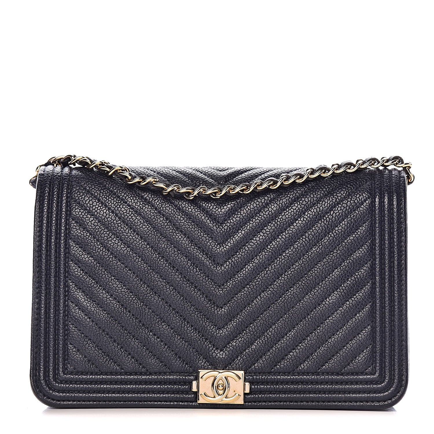 Chanel Caviar Chevron Quilted Boy Wallet On Chain WOC Blue 1 of 14