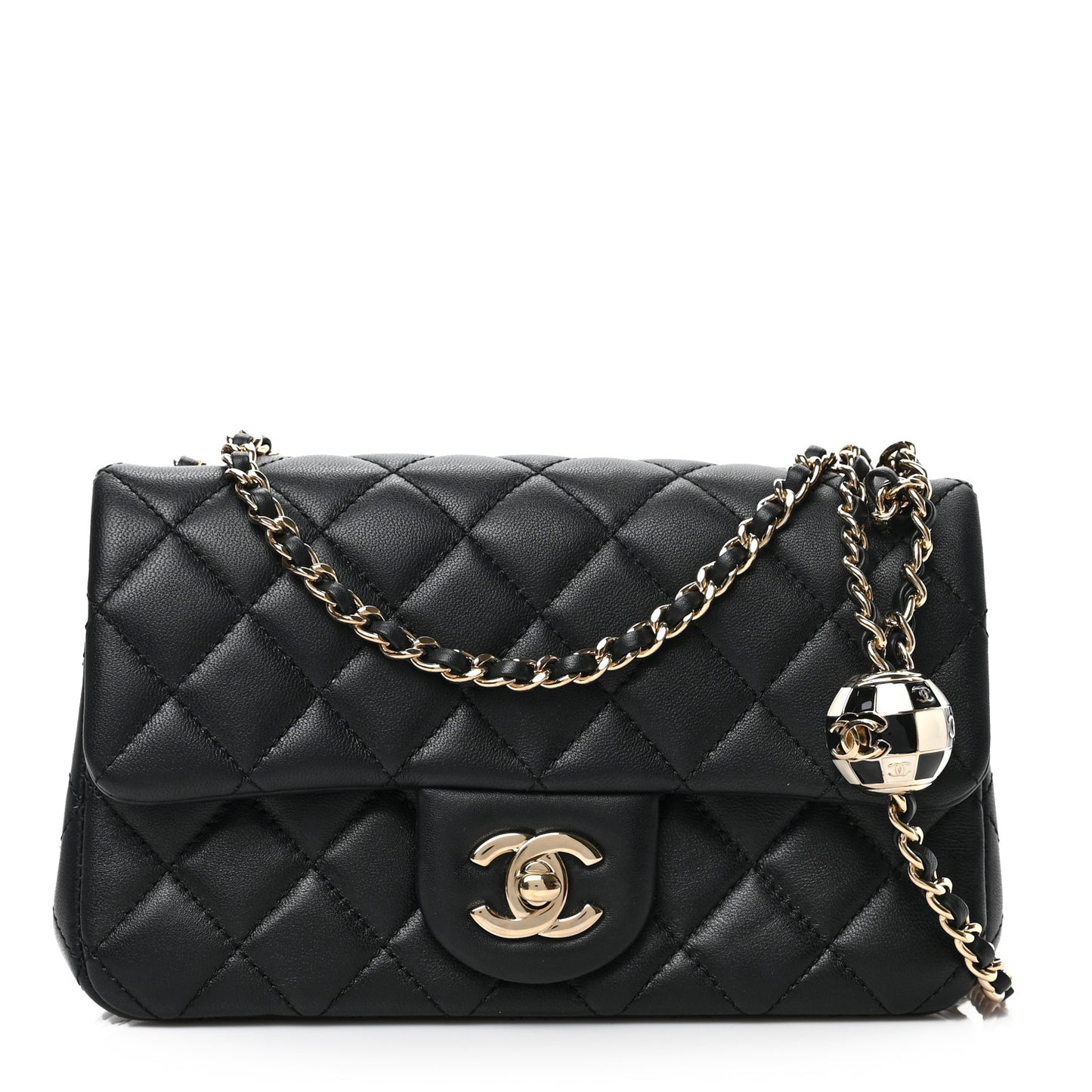 Lambskin Quilted Enamel Mini Rectangular Pearl Crush Flap Black