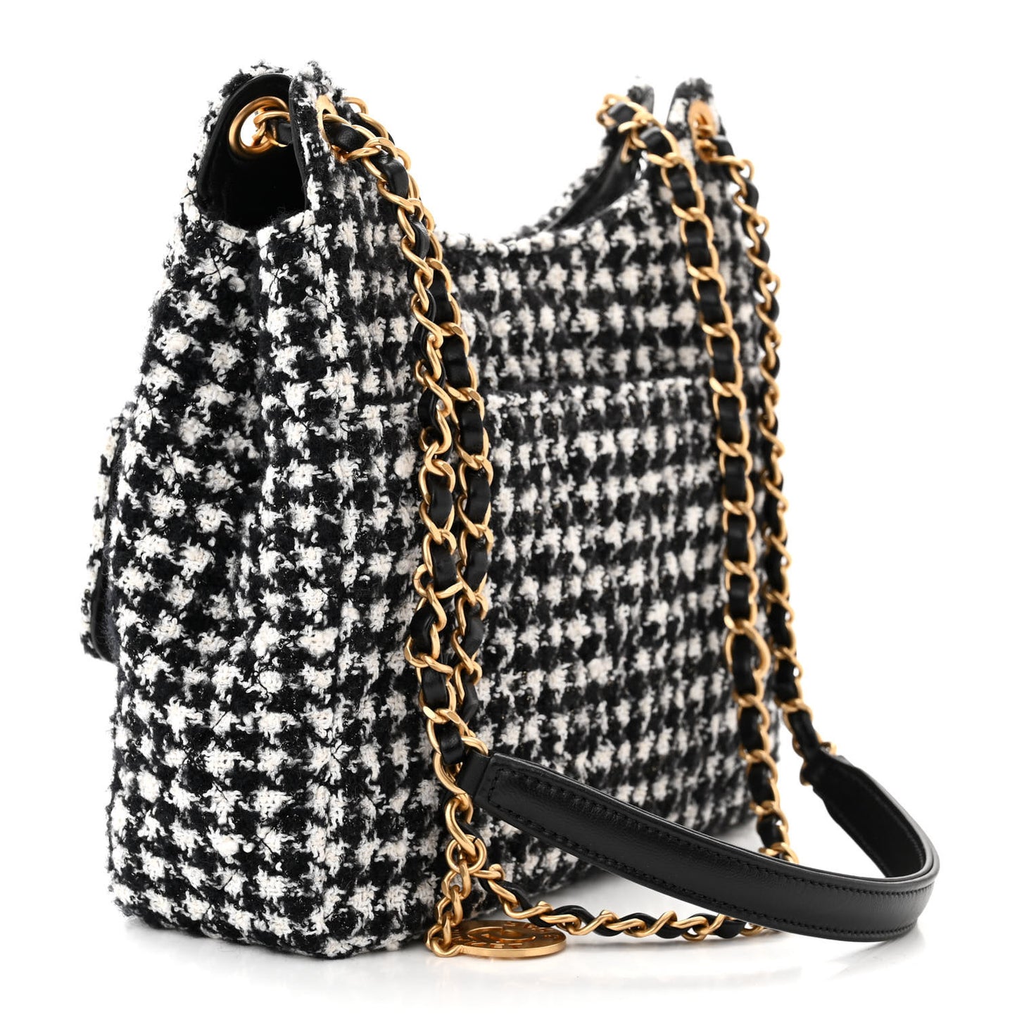 Tweed Houndstooth Quilted Small Wavy CC Hobo Black White