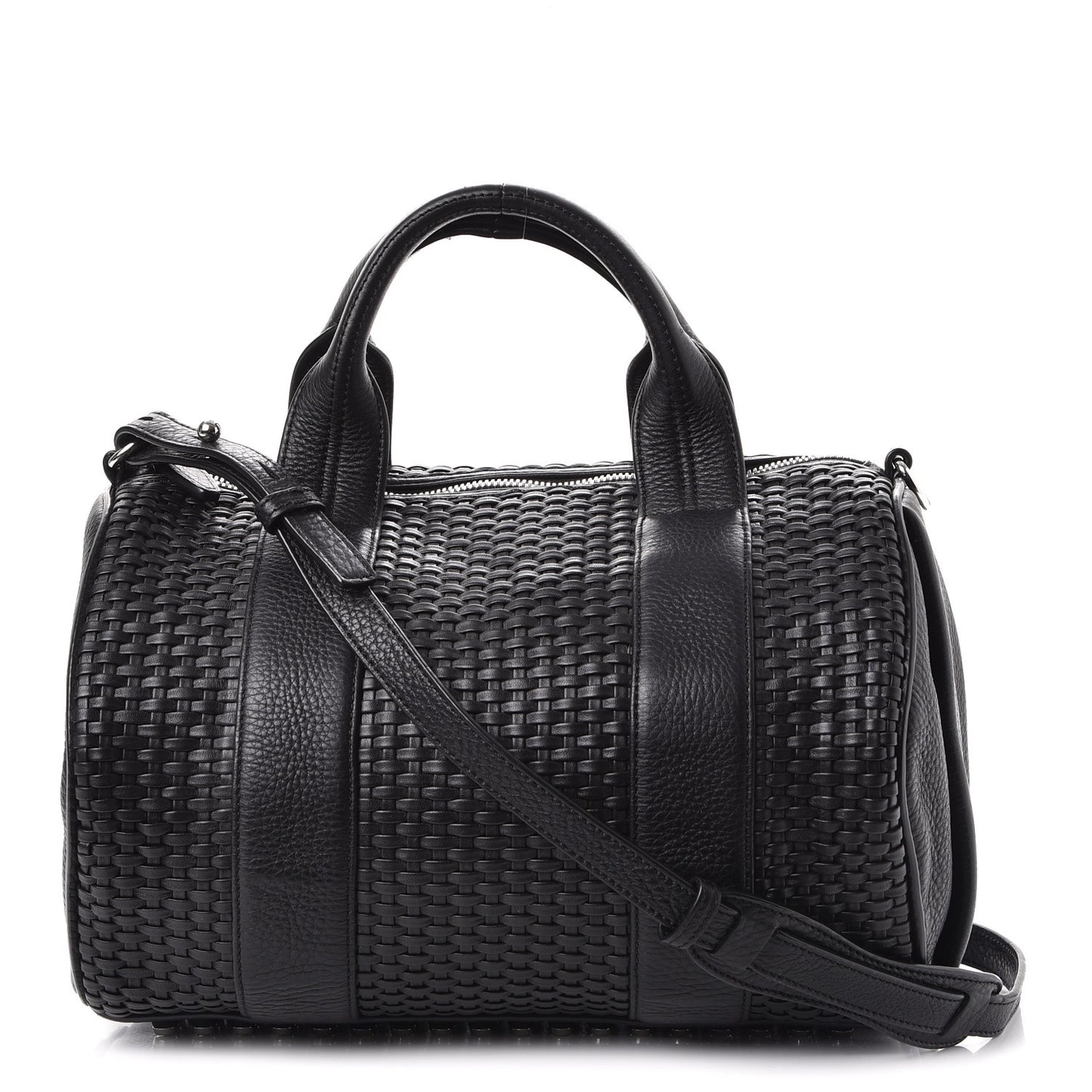 Pebbled Lambskin Woven Rocco Black Silver Hardware
