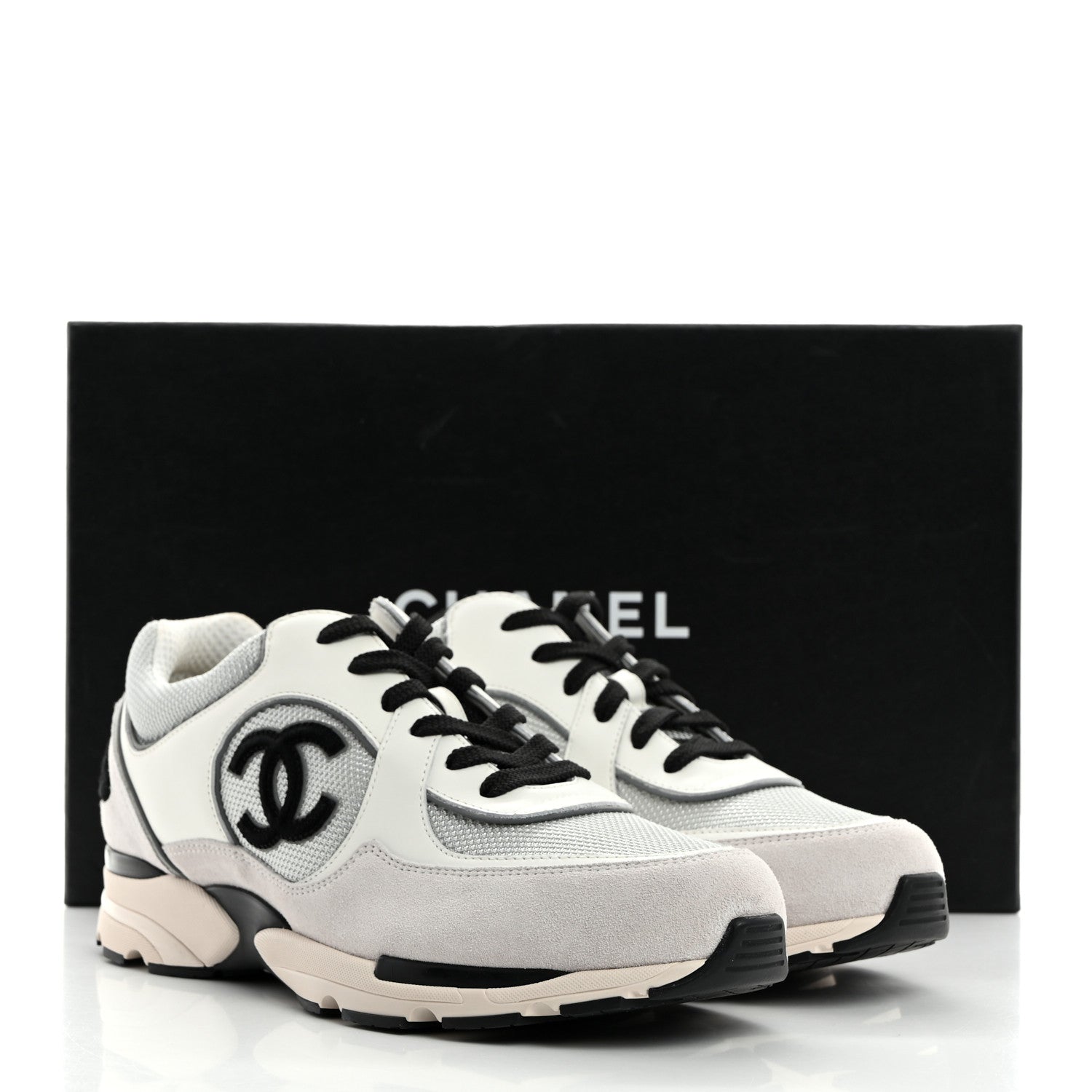 Chanel Mesh Suede Calfskin Mens CC Sneakers 44 White Silver Light Grey 9 of 9