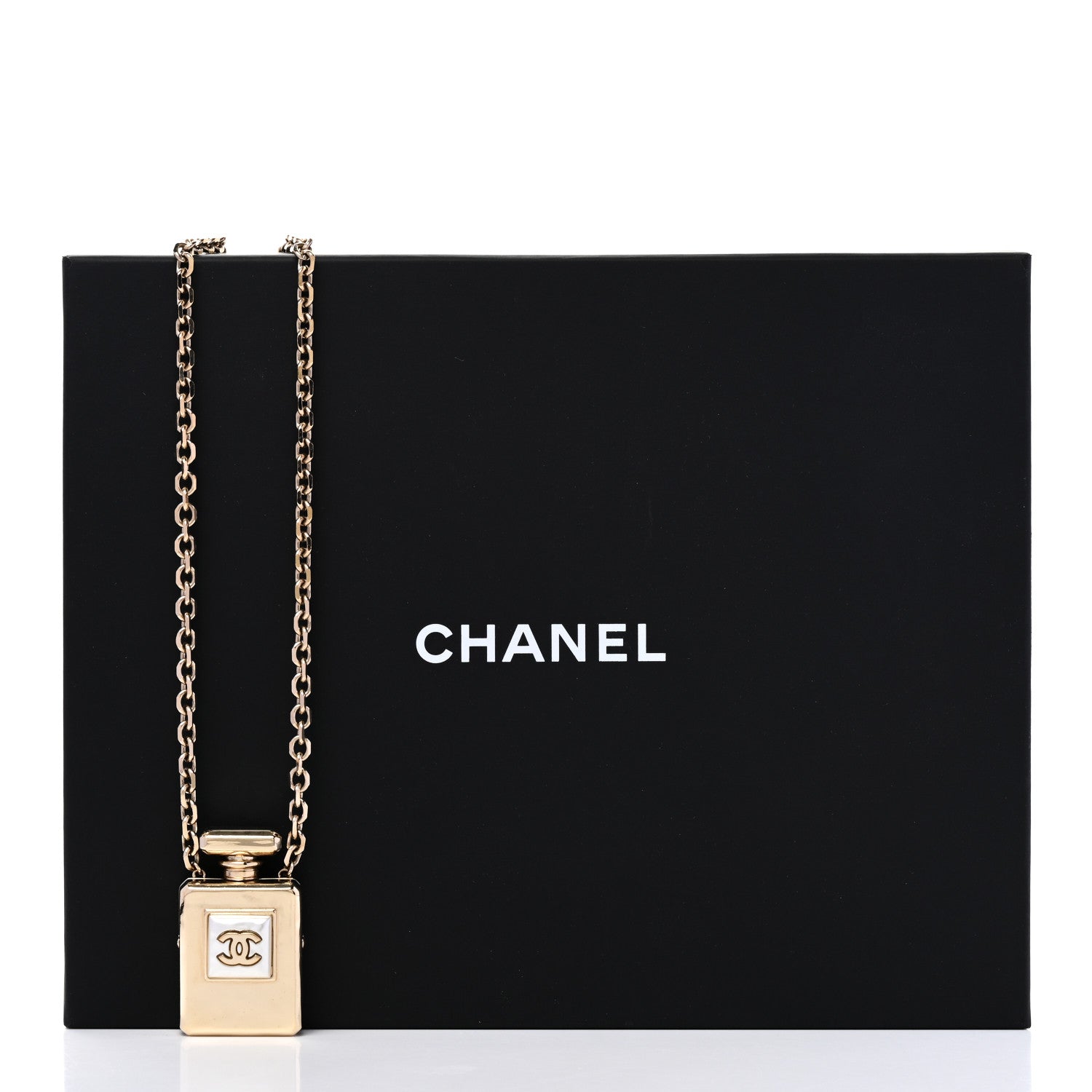 Chanel Metal Pearl Perfume Bottle CC Locket Necklace Gold 1617307
