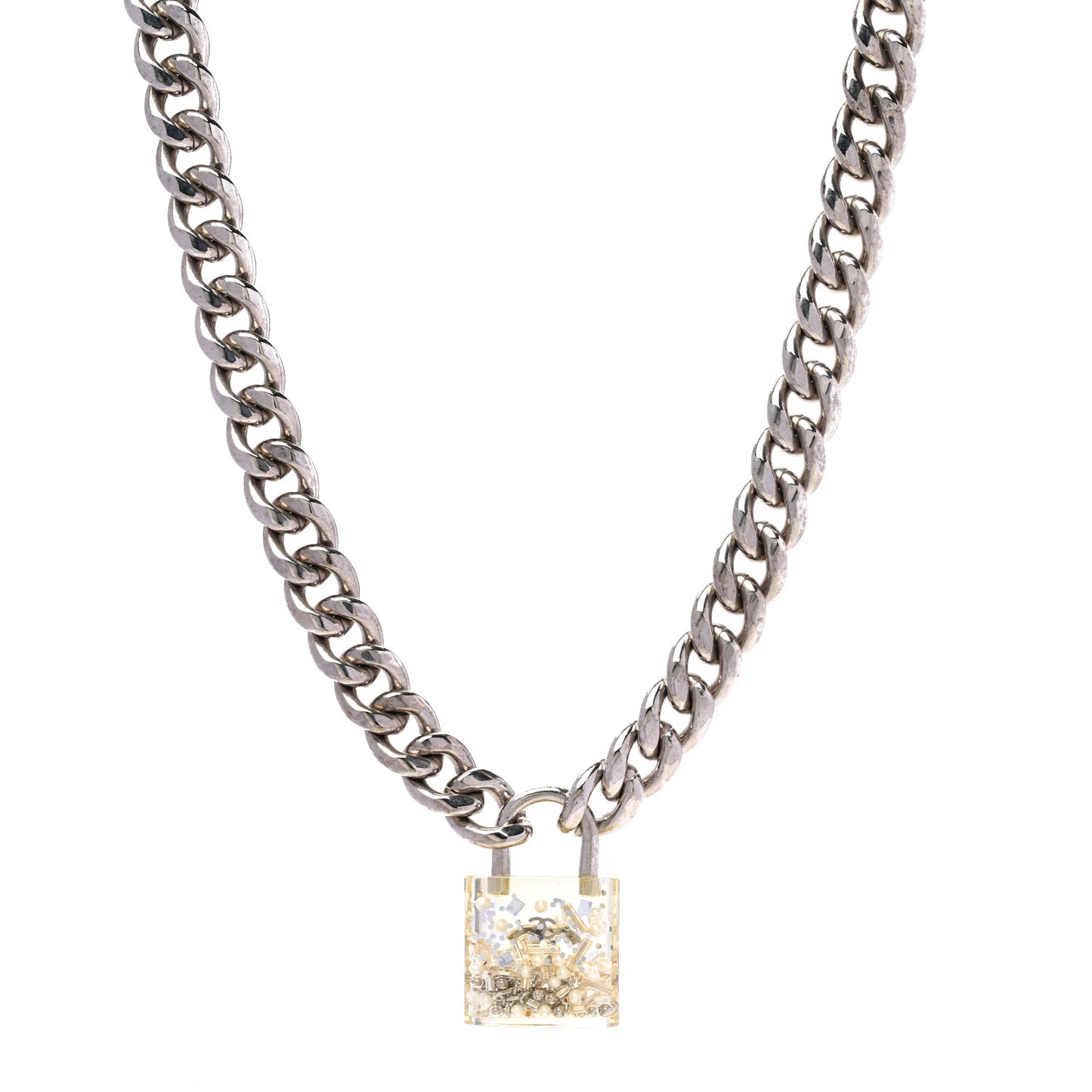 Resin CC Oversized Padlock Chain Necklace Silver Pearly White