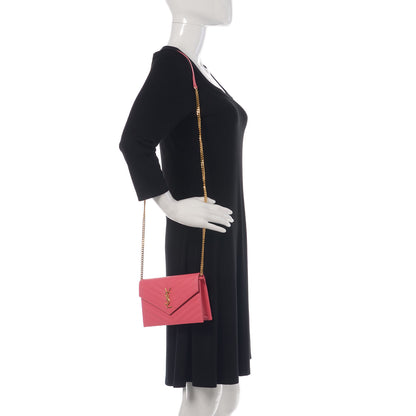 Saint Laurent Grain De Poudre Matelasse Chevron Monogram Chain Wallet Rose Clair 2 of 10