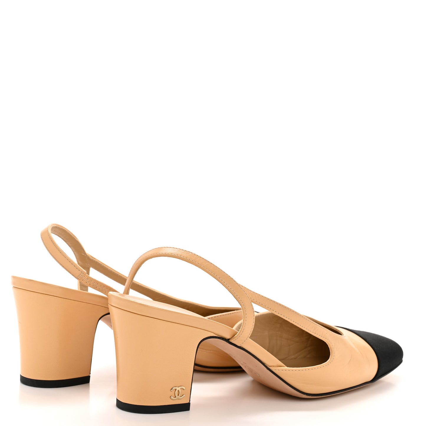 Goatskin Grosgrain Cap Toe CC Slingback Pumps 38.5 Beige Black