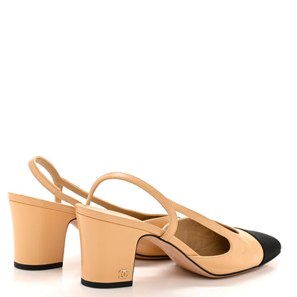 Chanel Goatskin Grosgrain Cap Toe CC Slingback Pumps 38.5 Beige Black 5 of 10