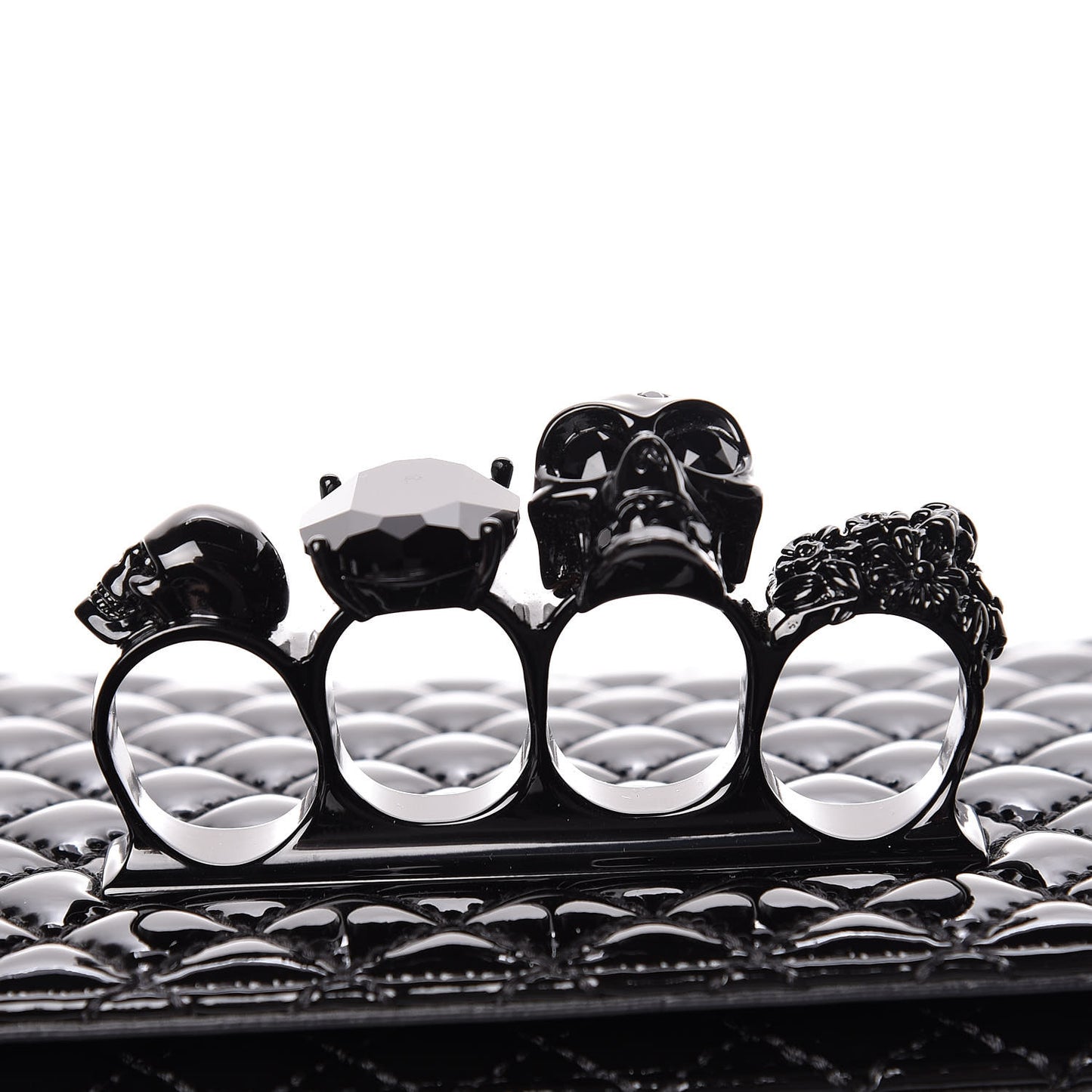 Patent Quilted Small Jeweled Knuckle Satchel Black