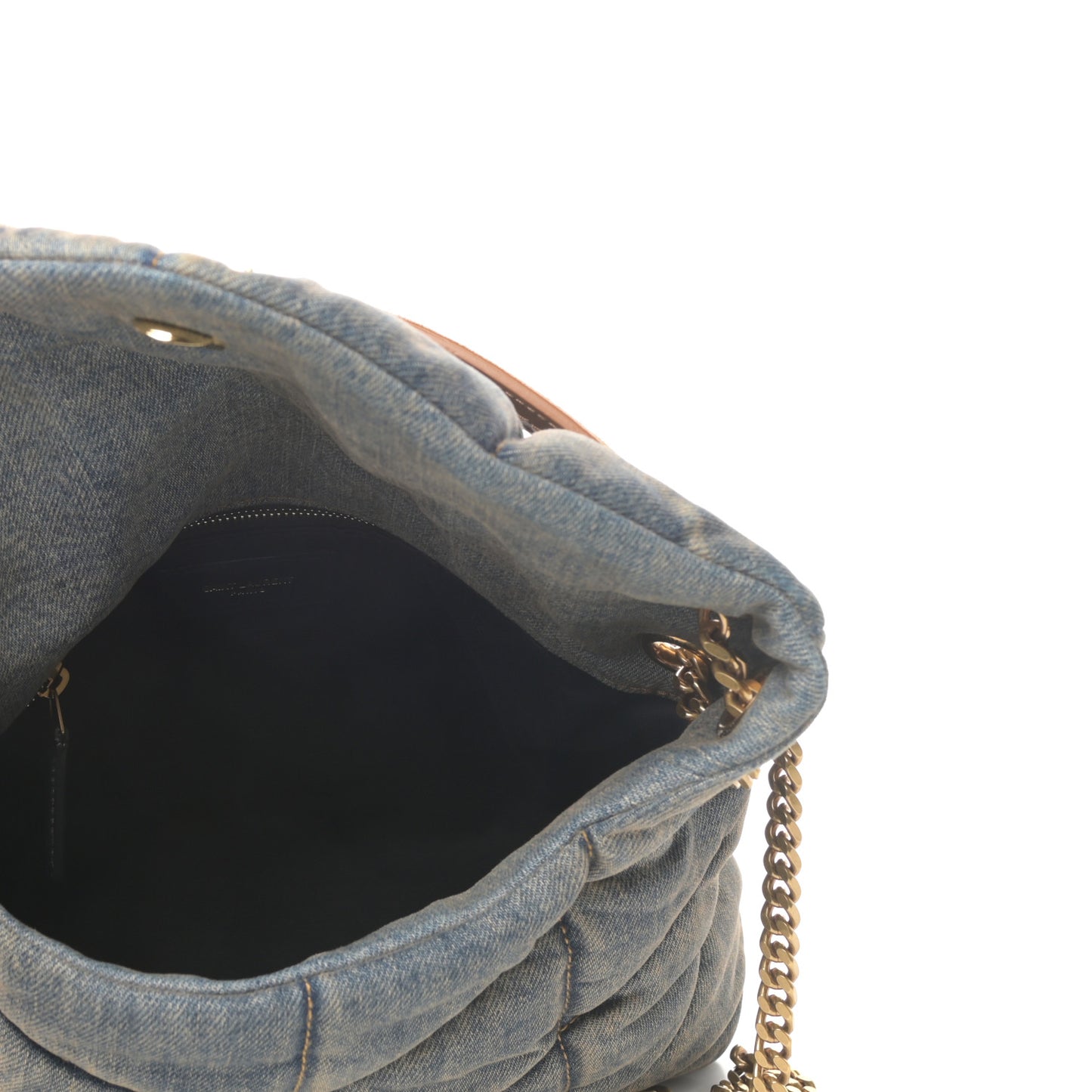 Denim Quilted Small Loulou Puffer Monogram Chain Satchel Blue Cinnamon