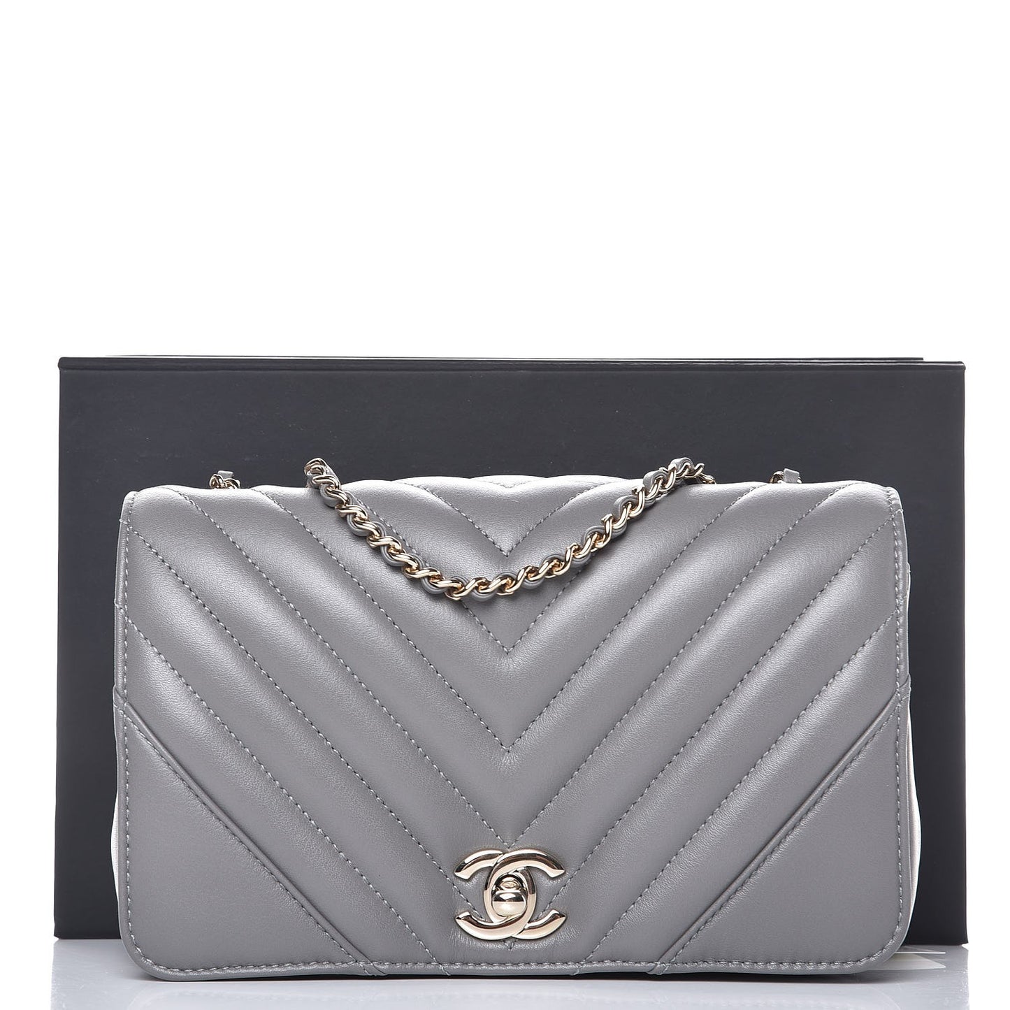Calfskin Chevron Quilted Mini Statement Flap Grey