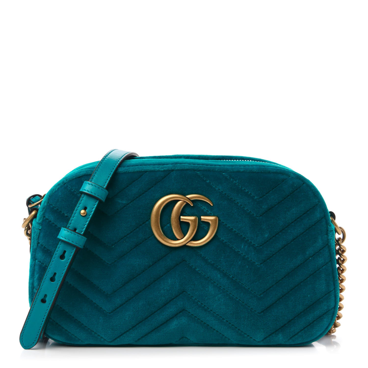 Gucci Velvet Matelasse Small GG Marmont Chain Shoulder Bag Pavone Cyan 1 of 10