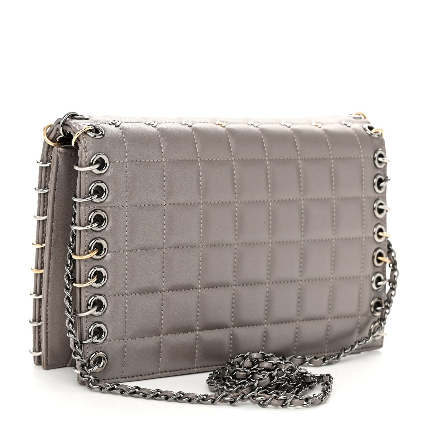 Lambskin Chocolate Bar Piercing CC Studded Small Chain Flap Bag Grey