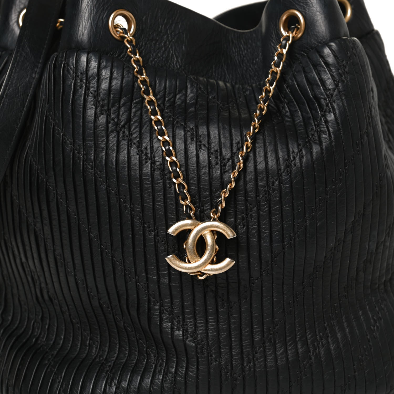 Chanel Iridescent Crumpled Calfskin Coco Pleats Drawstring Bag Black 8 of 12
