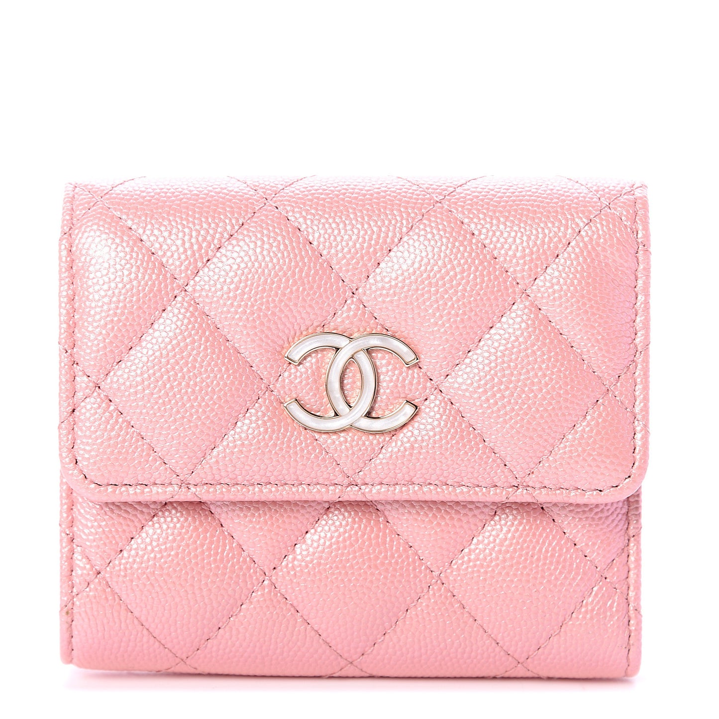 Iridescent Caviar Quilted Small Flap Wallet Rose Pink