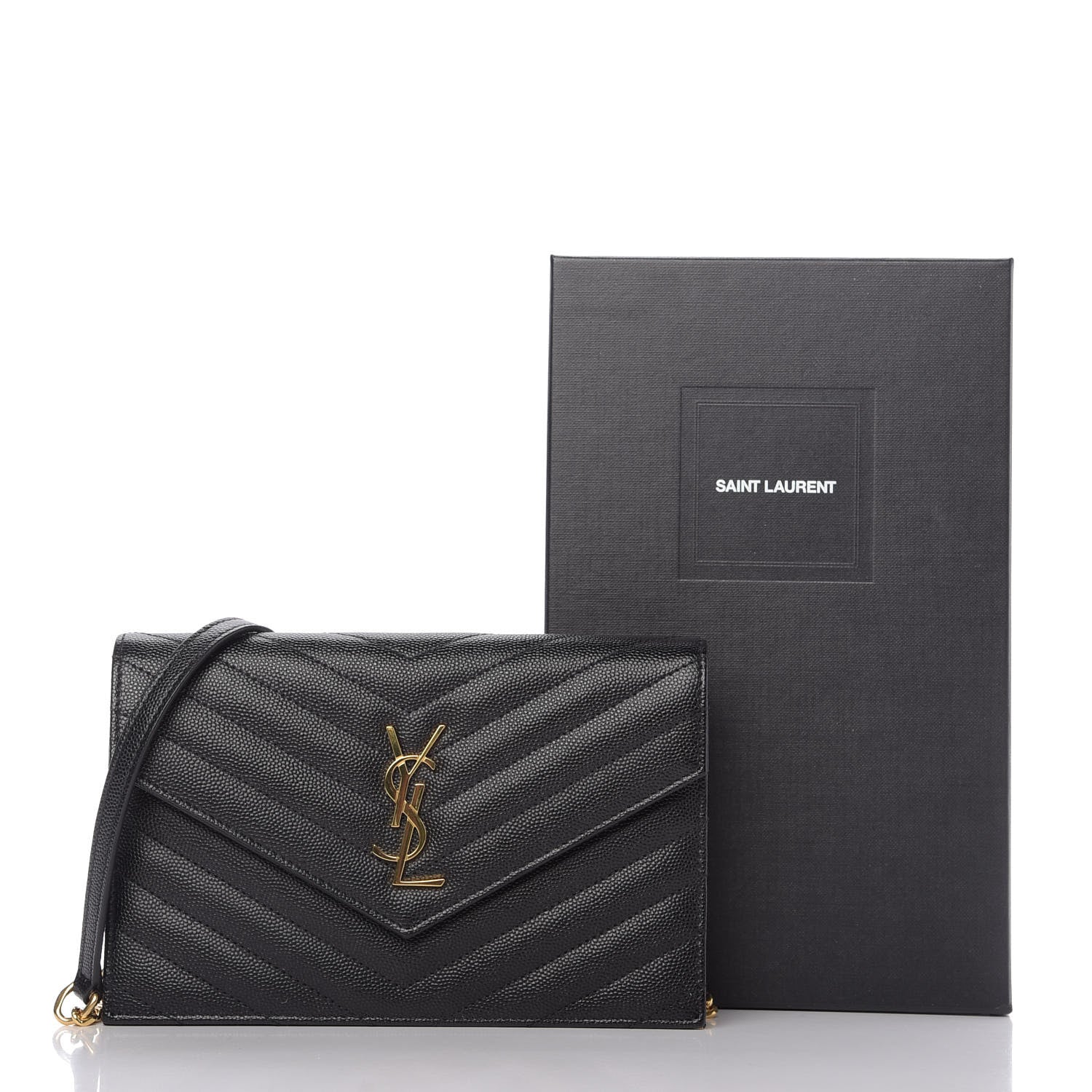 Saint Laurent Grain De Poudre Matelasse Chevron Monogram Envelope Chain Wallet Black 9 of 9