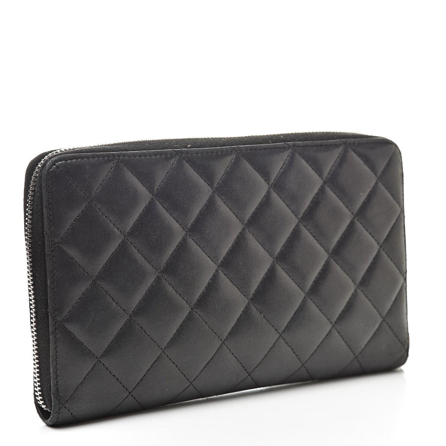 Lambskin Quilted Large Zip Around Organizer Wallet Black