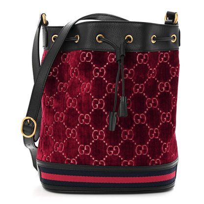 Gucci Velvet GG Monogram Textured Calfskin Web Bucket Bag Red Cipria Black 1 of 11