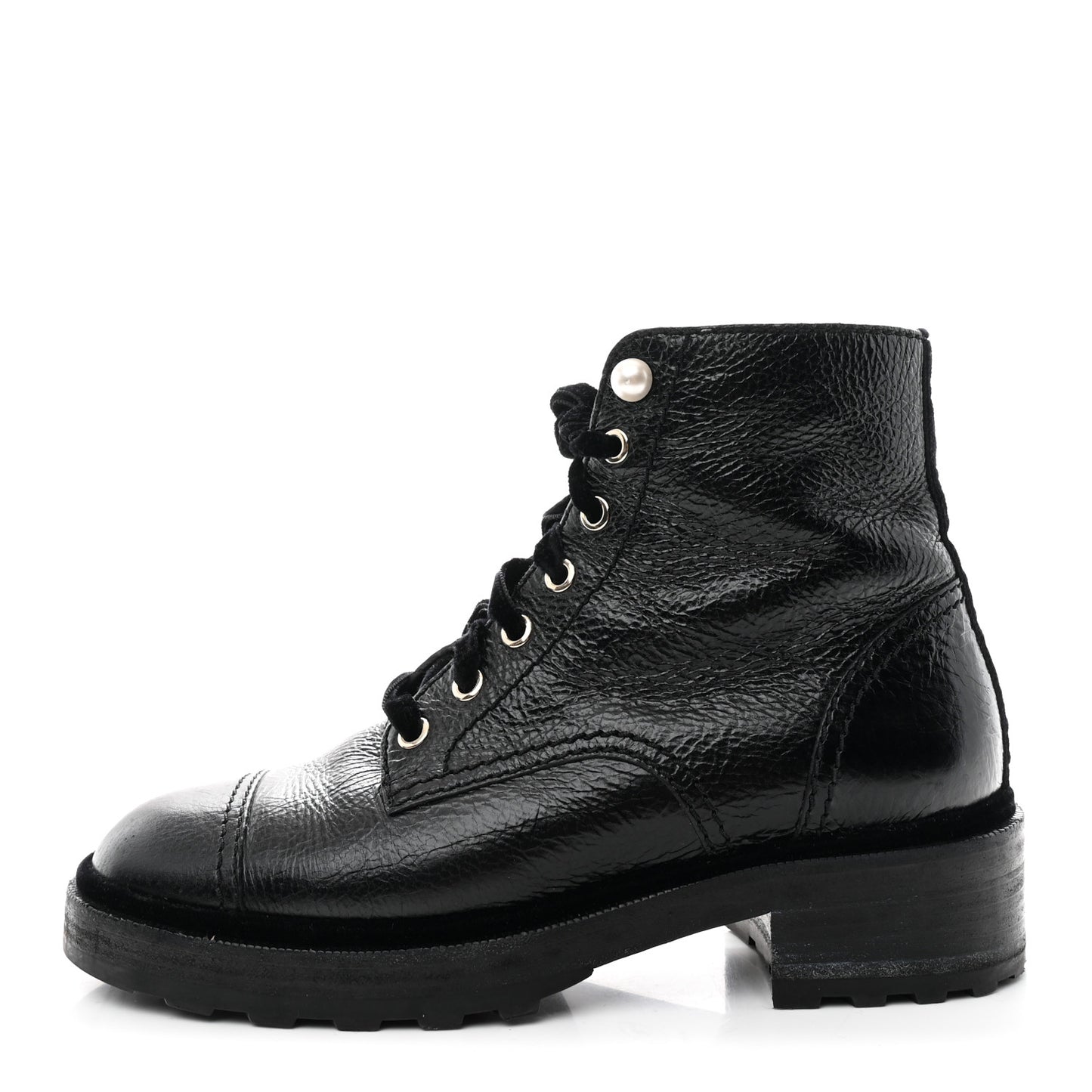 Shiny Calfskin Velvet Pearl Combat Short Boots 39 Black