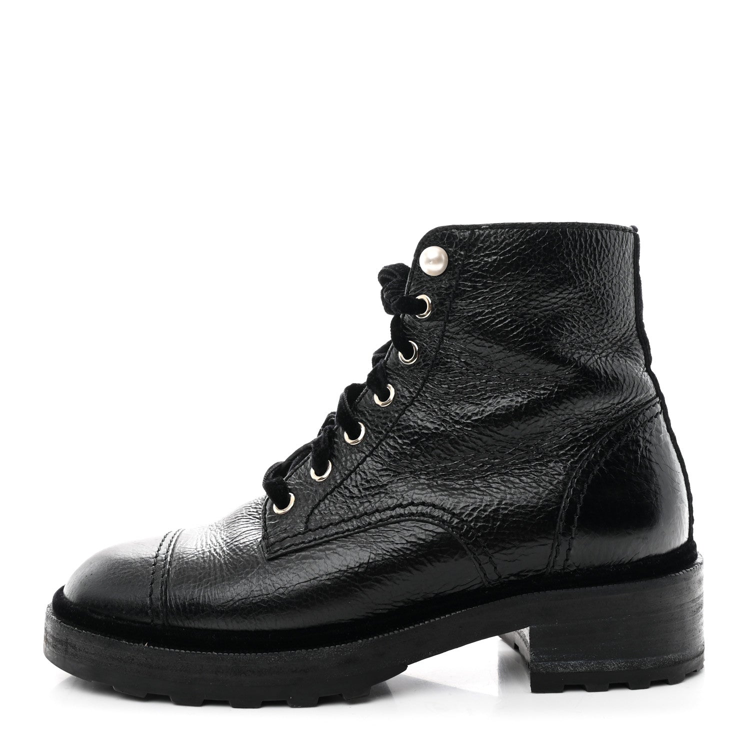 Chanel Shiny Calfskin Velvet Pearl Combat Short Boots 39 Black 1 of 9