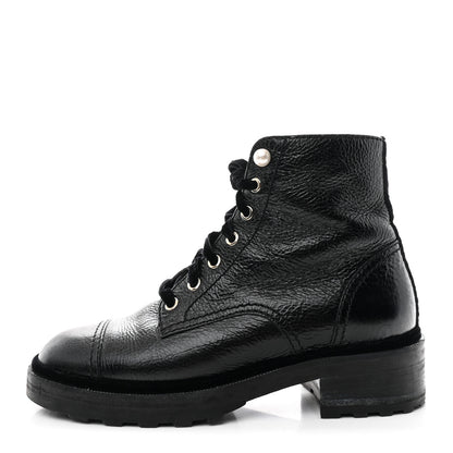 Chanel Shiny Calfskin Velvet Pearl Combat Short Boots 39 Black 1 of 9