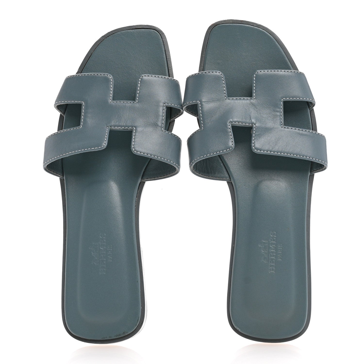 Hermes Box Calfskin Oran Sandals 37 Bleu Pinede 2 of 13