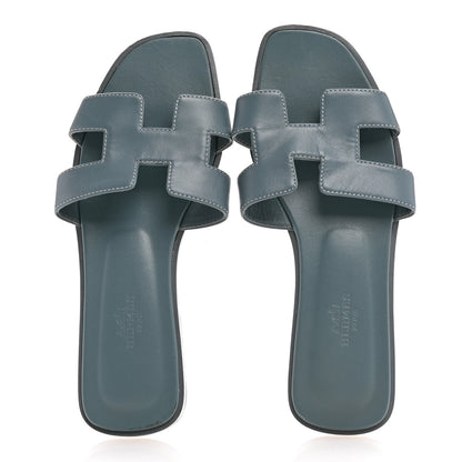 Hermes Box Calfskin Oran Sandals 37 Bleu Pinede 2 of 13