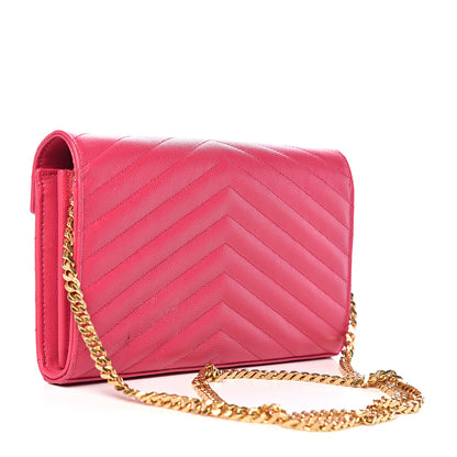Saint Laurent Grain De Poudre Matelasse Chevron Monogram Chain Wallet Rose Clair 2 of 12