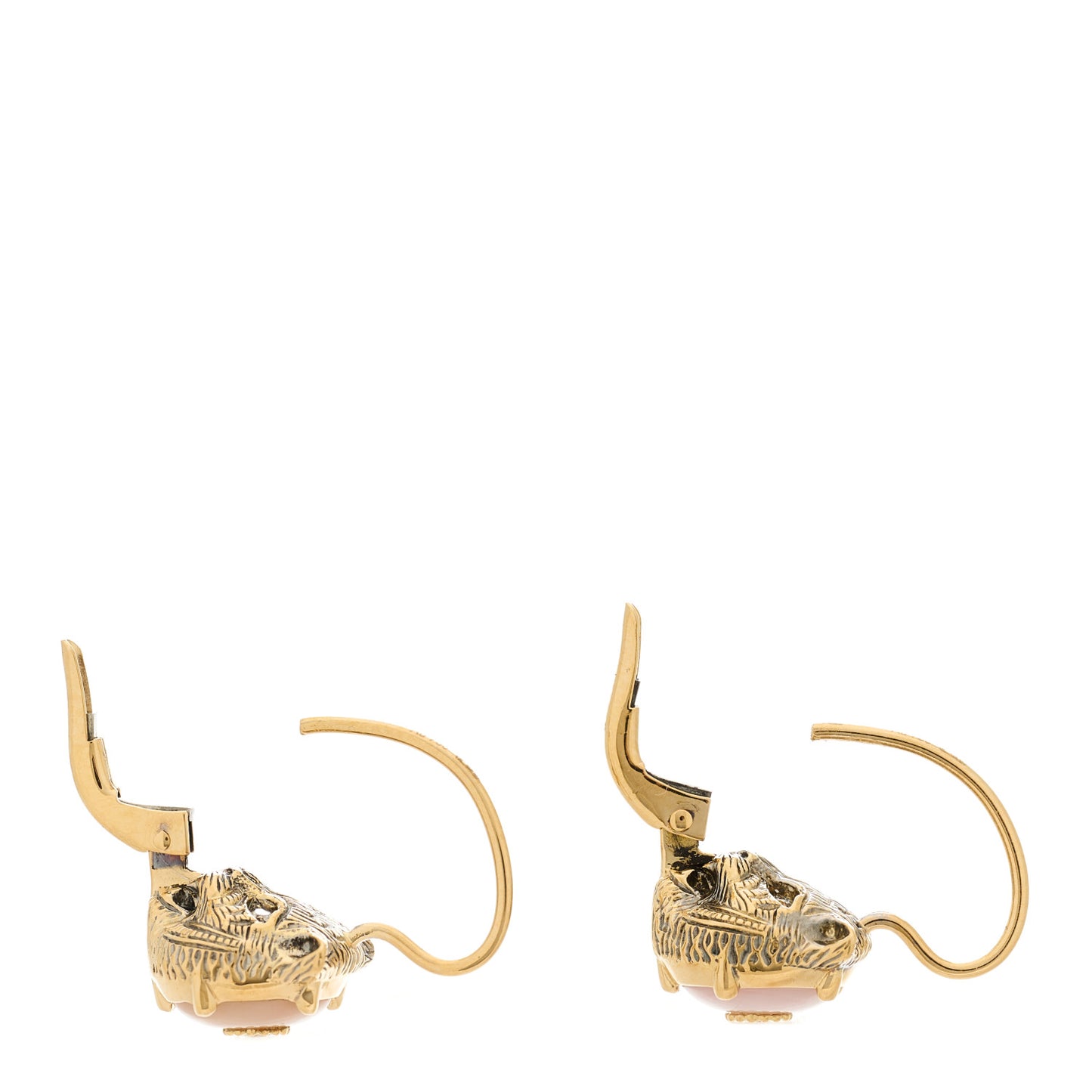 18K Yellow Gold Diamond Pink Opal Le Marche des Merveilles Feline Earrings