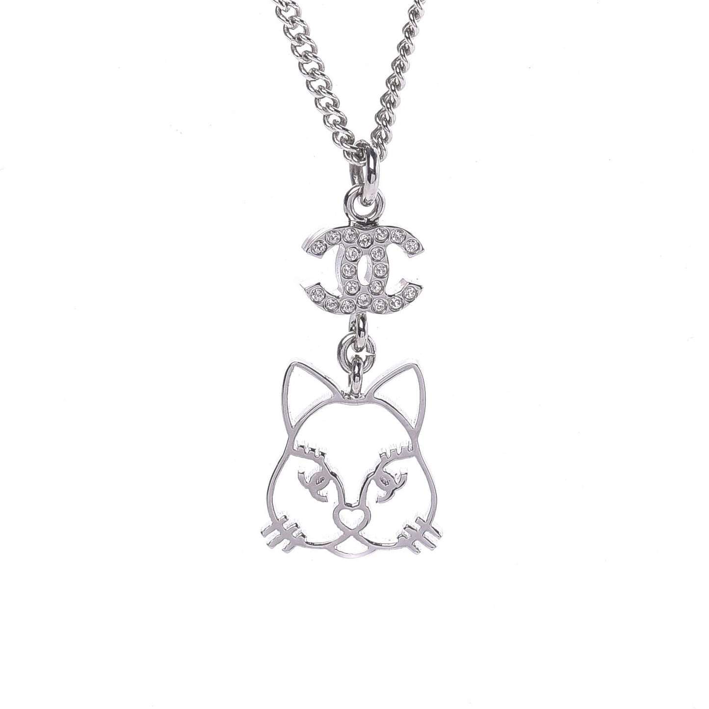 Crystal Emoji Choupette Cat Pendant Necklace Silver