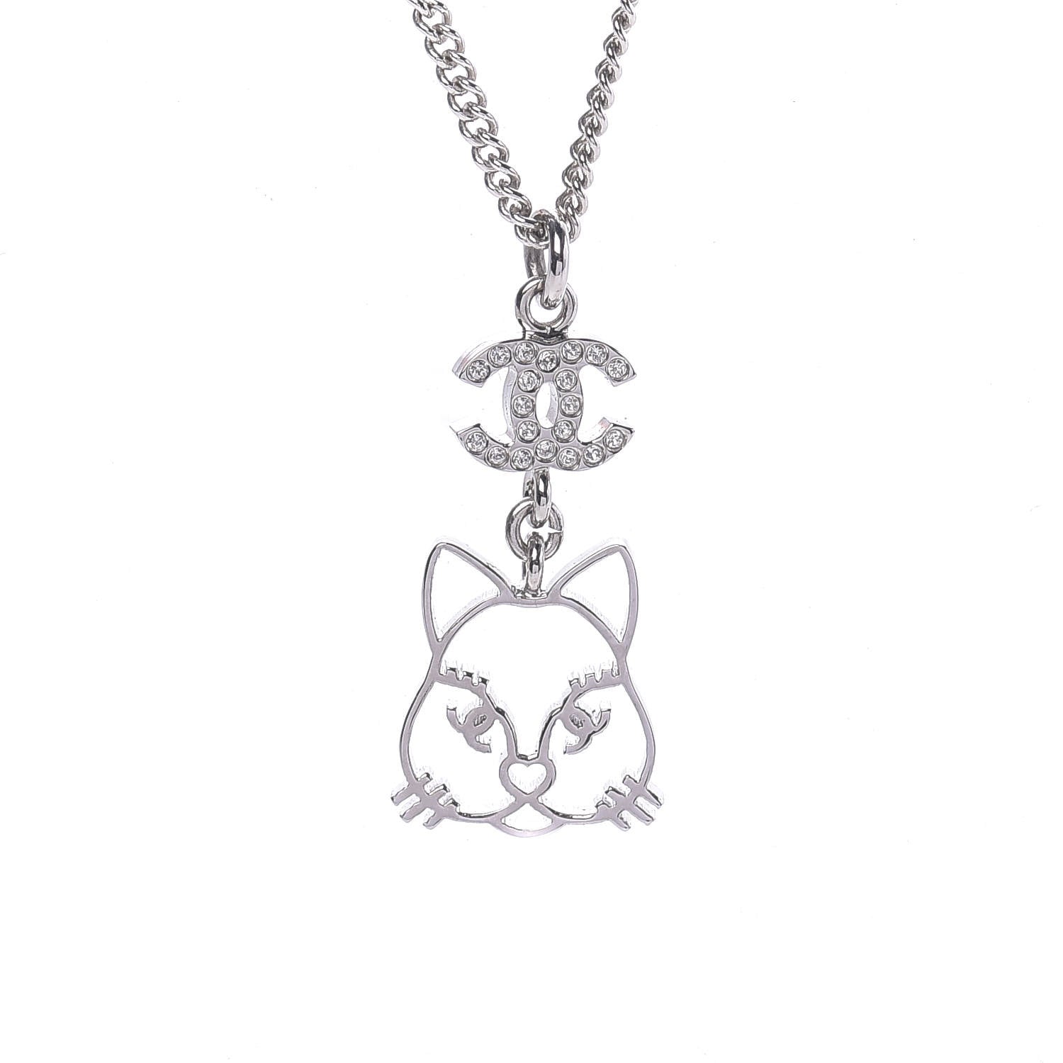 Chanel Crystal Emoji Choupette Cat Pendant Necklace Silver 4 of 6