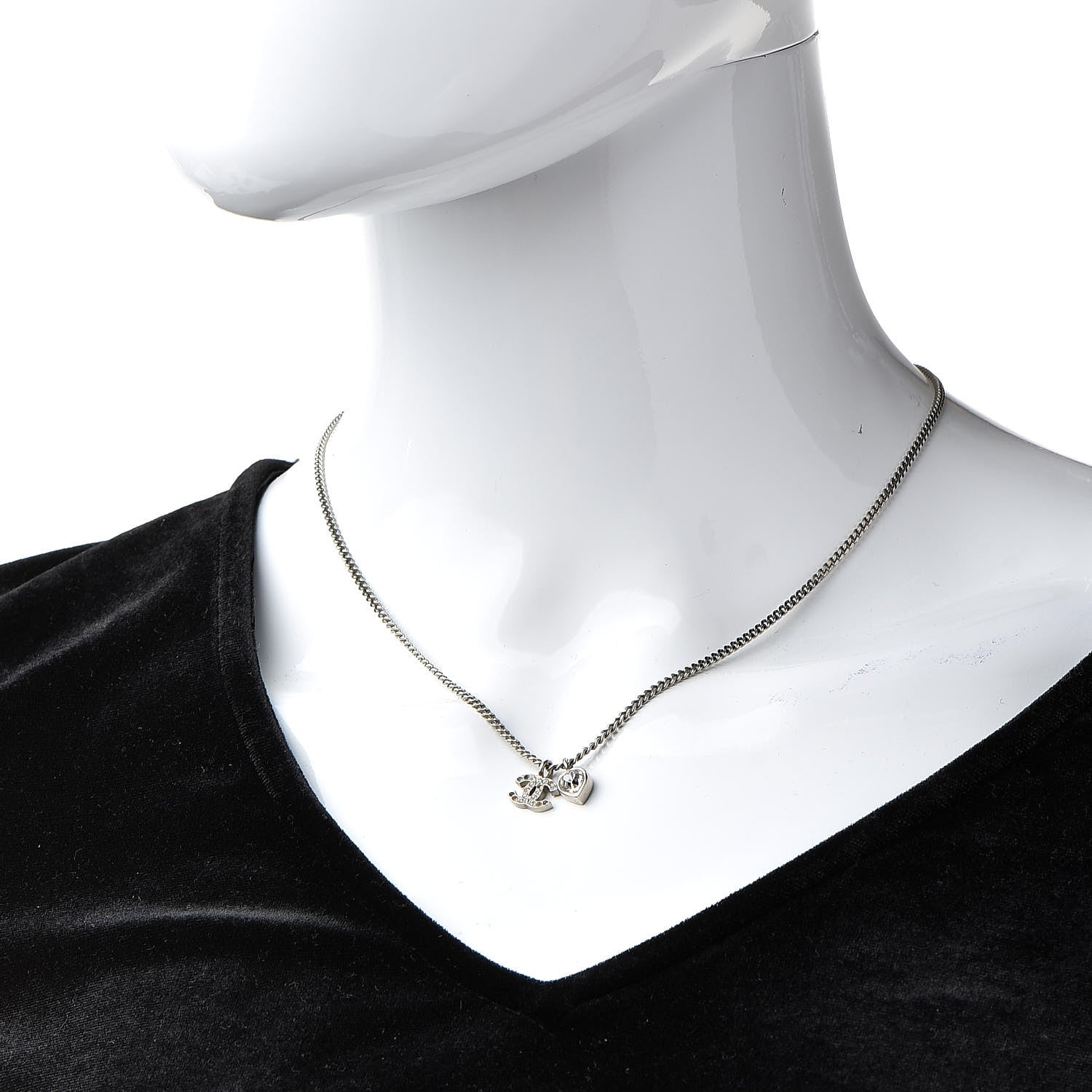 Chanel Crystal Mini Heart CC Necklace Silver 2 of 5