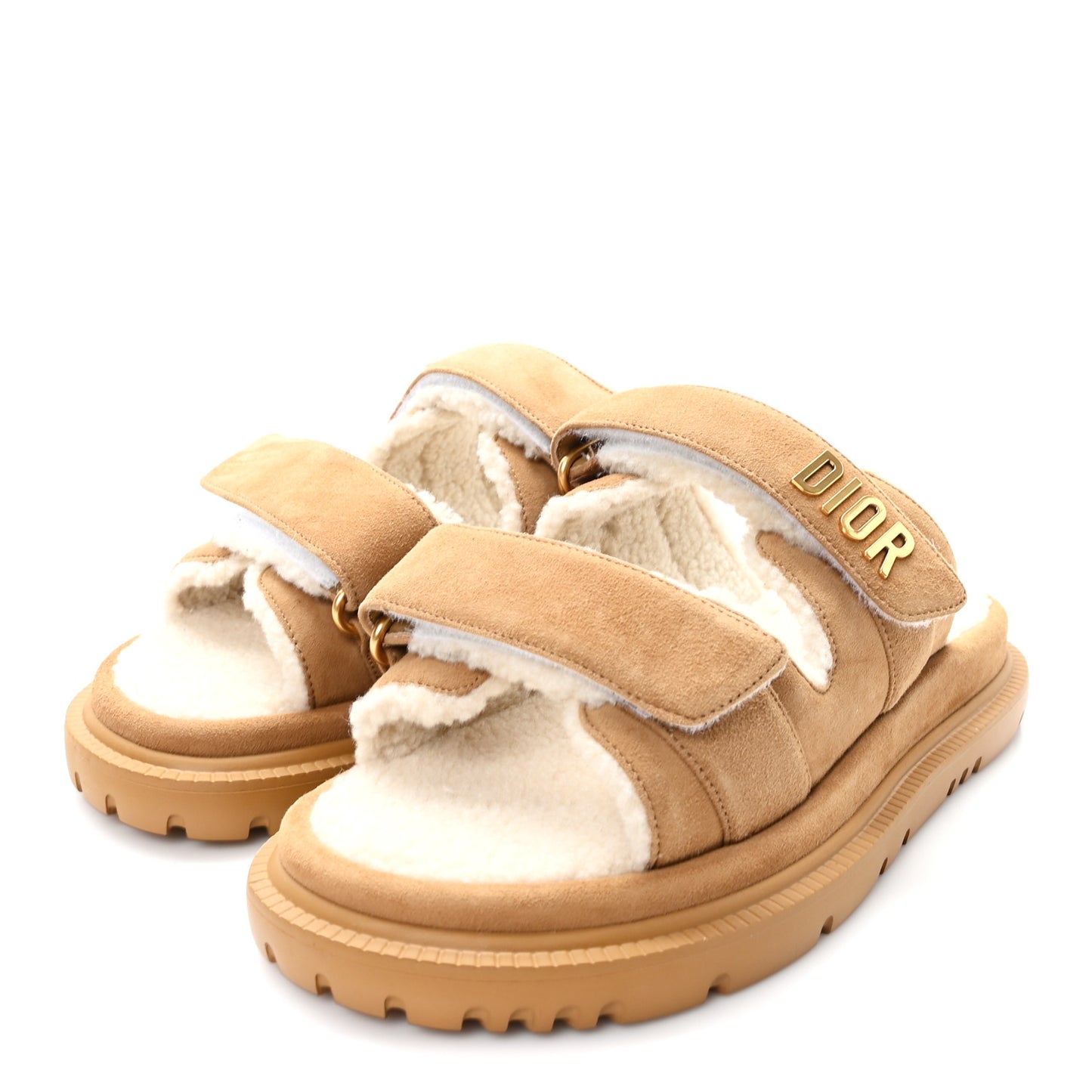Suede Goatskin Shearling Dioract 10mm Slide Sandals 38.5 Chestnut