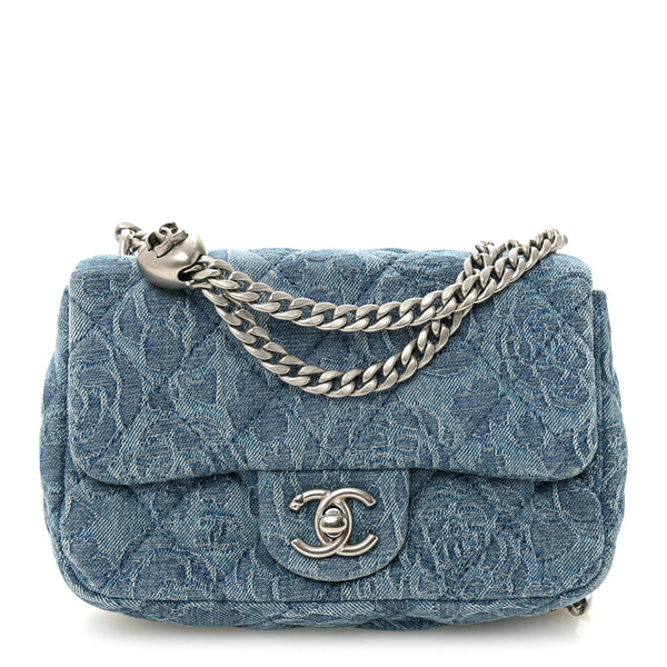 Chanel Denim Quilted Camellia Sweetheart Mini Rectangular Flap