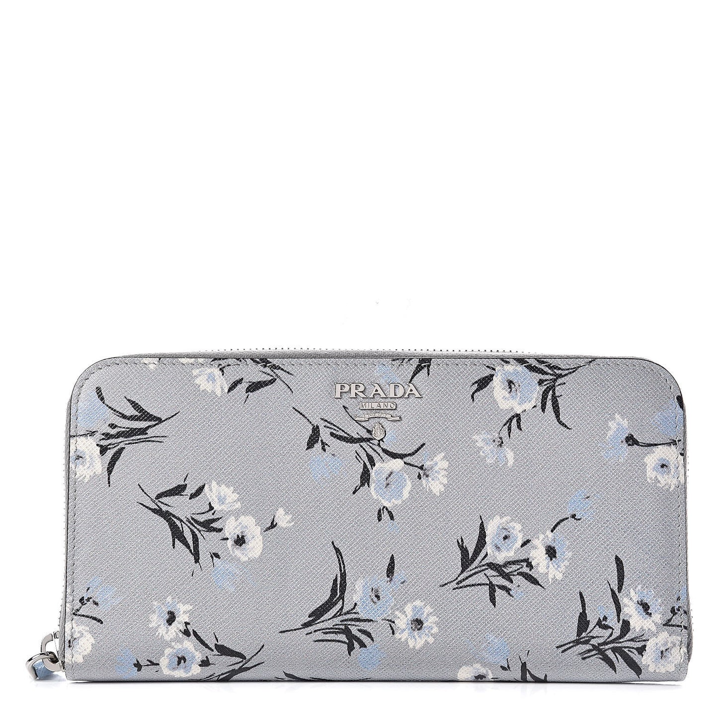 Saffiano Floral Print Metal Zip Around Wallet Acciaio