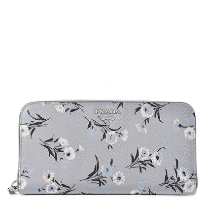 Prada Saffiano Floral Print Metal Zip Around Wallet Acciaio 1 of 6