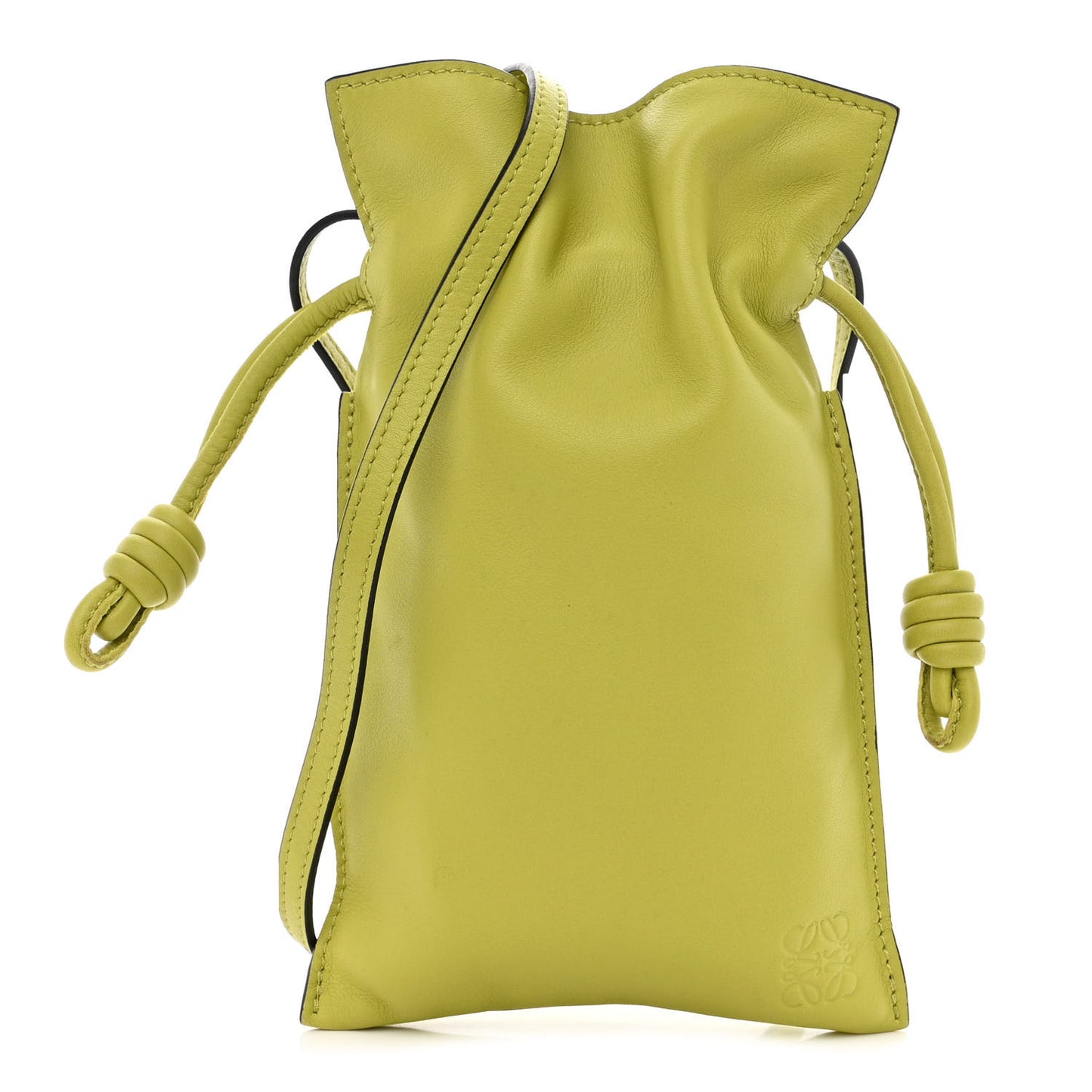 Calfskin Mini Drawstring Flamenco Knot Crossbody Pocket Bag Lime Green